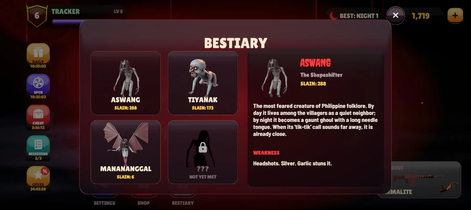 Bestiary screen
